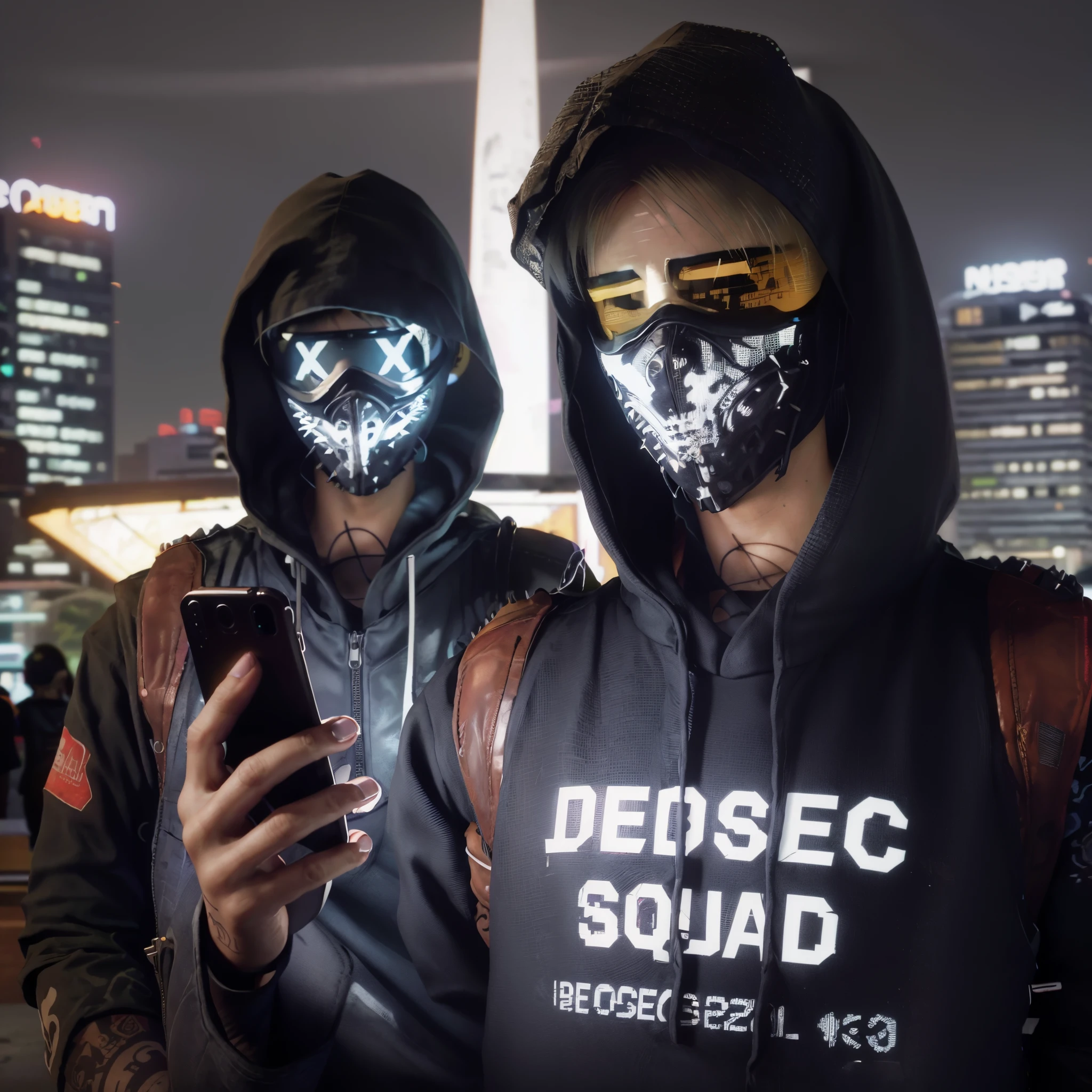 Wrench from watchdogs 2, they are wearing masks and holding phones in their hands, wearing cyberpunk streetwear, cyberpunk streetwear, 🪔 🎨;🌞🌄, deep fake, desrt, #oc, # oc, profile image, wearing all black mempo mask, design, ski masks, cyberpunk techwear, danger, avatar image, masked, faceless people dark