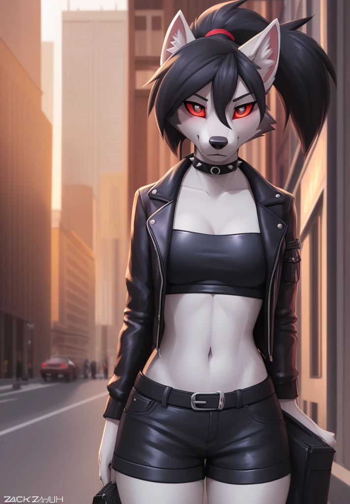 zackary911, by zackary911, anthro, lycanroc, hellhound, ((dark grey fur)), female, solo, 1woman, medium breasts, ((shorts)), ((leather jacket)), ((tube top)), ((red sclera)), ((silver eyes)), wolf tail, ponytail, black hair, city street scene, courier bag, spellbook, on e621, zaush, by zaush, solo, perfect anatomy, ((grey belly)), hair detailed correctly), mom, choker spiked collar, thicc, (seductively)), detailed body, finely detailed eyes, tail, front view, looking at the observer with an embarrassed smile, blush, perspective, finely detailed paws, punk style, female focus, 8k quality, ultra realistic, 3d render, digital art,