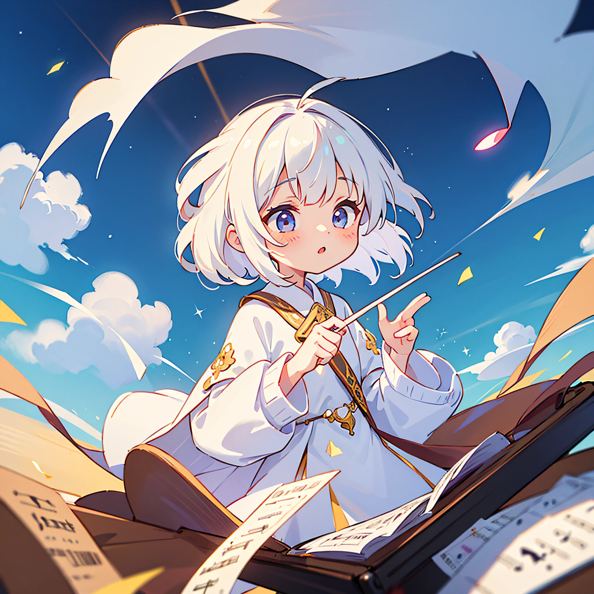 wallpaper,dynamic angle,dynamic lighting,((interesting detailed background)),(light reflections),depth of field, cinematic lighting, sparkle, glowing light, god rays, 8k,1girl,kawaii,white hair,flowy hair,white glowing crystal eyes,silky white clothes, on a cloud,cloud world,a world full of clouds,magical world,papers of music sheets,((floating papers of music sheets))