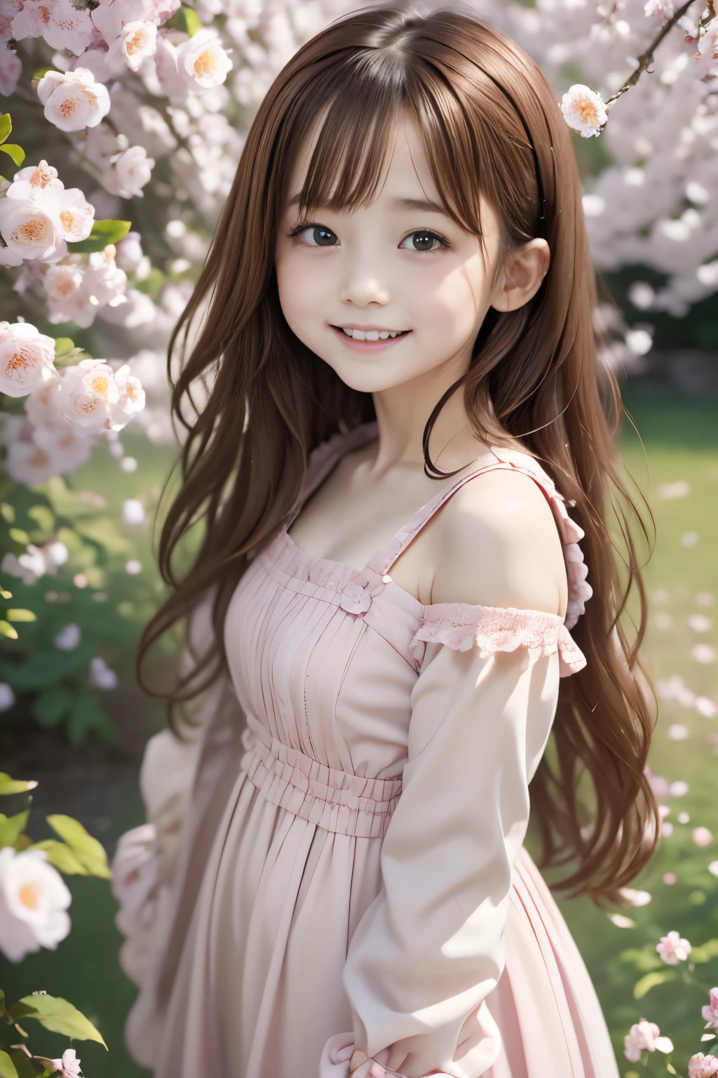 masutepiece, Best Quality, 8K, 14years, Brown wavy hair、small tits:1.5、childish、a baby face、Absurde, award winning portrait, smil, smil, pure, French, Pink dress, spring, Petite, Orchard in full bloom, Helena