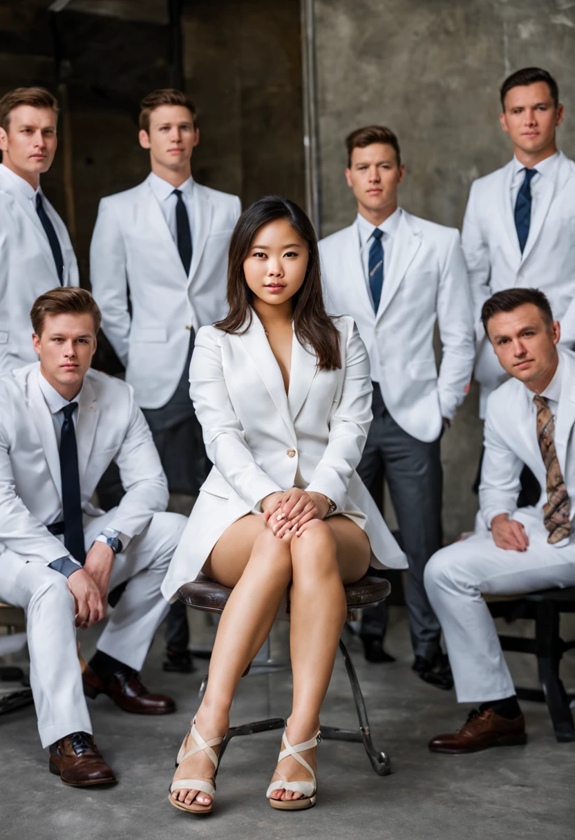 Portrait Photo a portrait, hyperdetailed full body photography, los angeles, brunette haired naked college student young athletic asian girl with thick thighs and boobs sitting with her legs spread wide apart with 10 white men in business suits standing around her