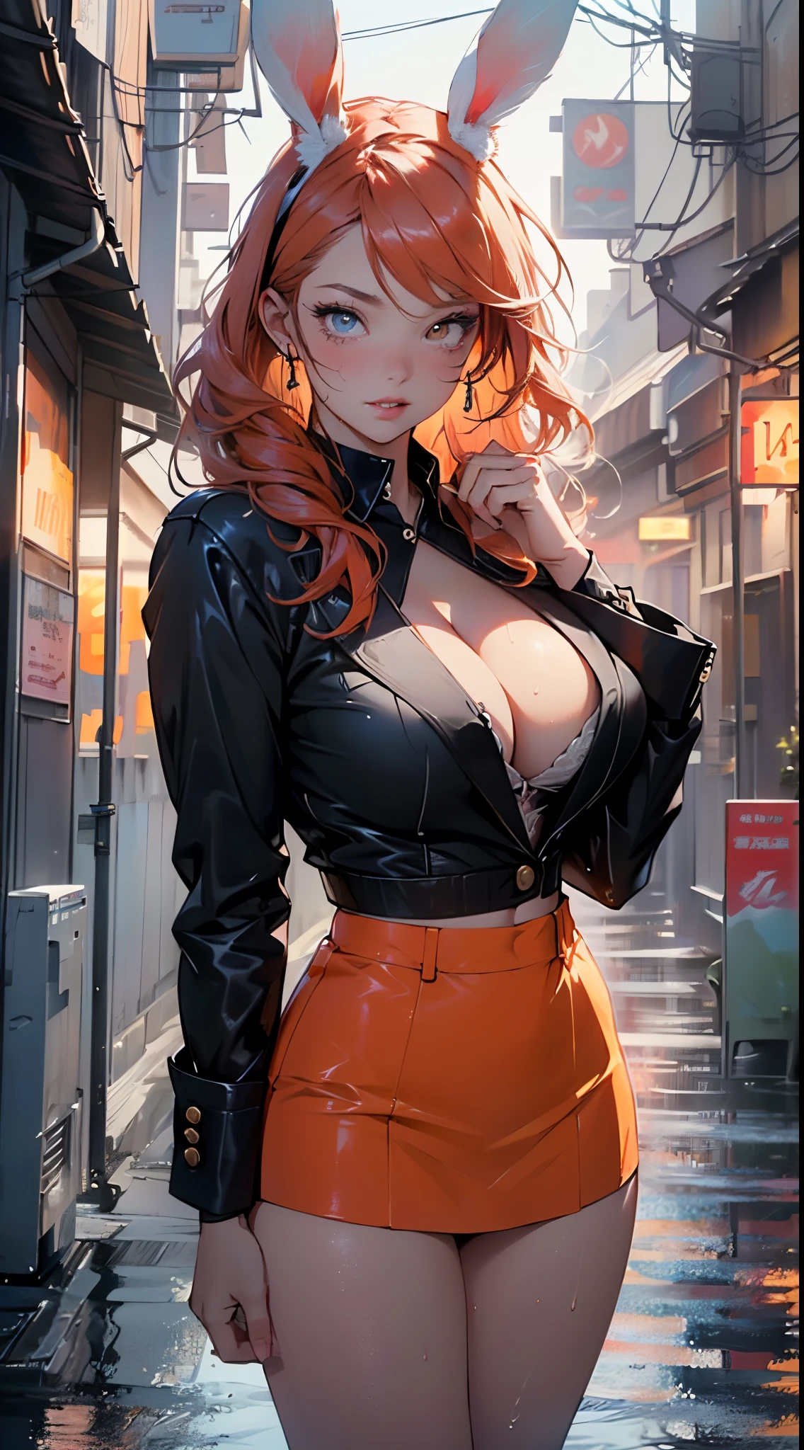 cute bunny girl,(((1girl))),((bunny girl with extremely cute and beautiful orange hair)),(((bunny girl,anthro furry cute,bunny-girl,bunny ears,bunny ears on head,big bunny ears))),
(large breasts:1.4),saggy breasts,(((red orange hair:1.35,colored inner hair,ear breathing,large hair))),((heterochromia:1.5, (red_eye and orange_eye))),intricate eyes,beautiful detailed eyes,symmetrical eyes,big eyes:1.3,((fat)),(((lustrous skin:1.5,bright skin: 1.5,skin tanned,shiny skin,very shiny skin,shiny body,plastic glitter skin,exaggerated shiny skin,illuminated skin,wet legs))),(spider lower abdomen,narrow waist,wide hip,athletic body,inflated legs, thick thighs,detailed body,(detailed face)),
cute,slutty,seductive,erotic,(((nsfw))),
(((wearing dark red formal blazer,short skirt,))),(((huge cleavage))),((wet clothes,intricate outfit,intricate clothes)),
(dynamic pose:1.0),solo focus,embarrassed,(centered,scale to fit dimensions,Rule of thirds),
cyberpunk city by the ocean at night, with bright neon signs and dark stormy clouds and puddles, scenery:1.25,nighttime, starry night, cosmos,Very dark night that makes the neon lights stand out, very bright neon lights,nighttime, starry night, cosmos,
artistic photography,(photography taken by sldr),highres, sharp focus,(ultra detailed, extremely detailed), (photorealistic artwork:1.37),(extremely detailed CG unity 8k wallpaper),((synthwave background theme)),(((vibrant colors))),intricate,(intricate background),(masterpiece),(best quality),perfect rendered face,perfect face details,realistic face,photo realistic,analog style,((intricate detail)),(((realism))),