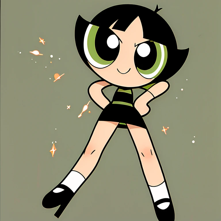 full body, 1 girl, solo, teenager, long body, Buttercup, Black Hair, Medium Hair, Green Eyes, Black Chocker, Little Black Dress, Black Pencil Skirt, Lovely Legs, Black High Heels, Smiling, Hand on a Hip, Simple Background