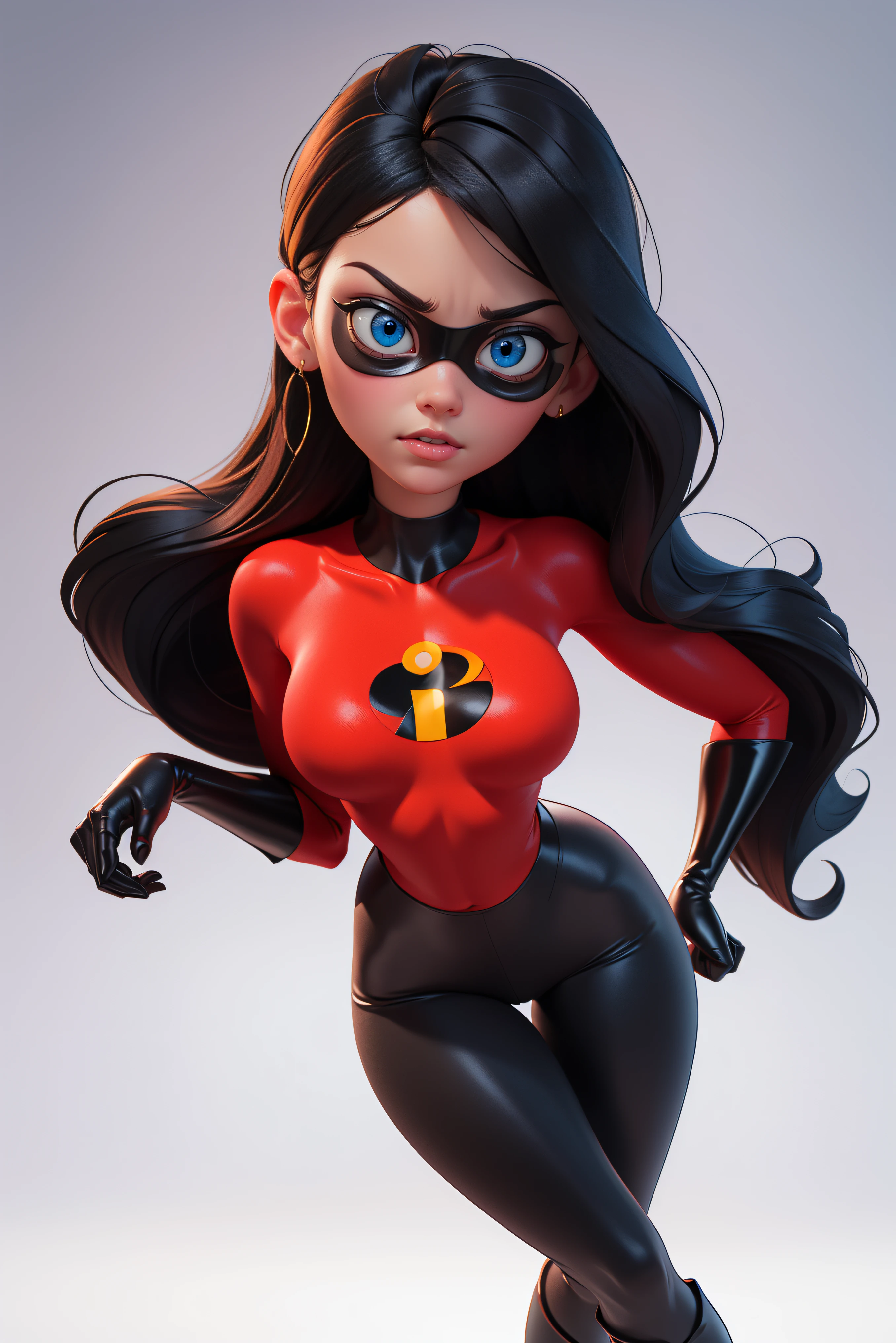 ripped skintight red clothes with the incredibles logo on, tall black shiny boots. black mask around eyes, long straight black hair, blue eyes, cleavage, sexy violet parr, masterpiece, high res, 32k (perfect anatomy:1.5), perfect legs, perfect arms, action scene, sexy pose, cute face, innocent face, breasts out