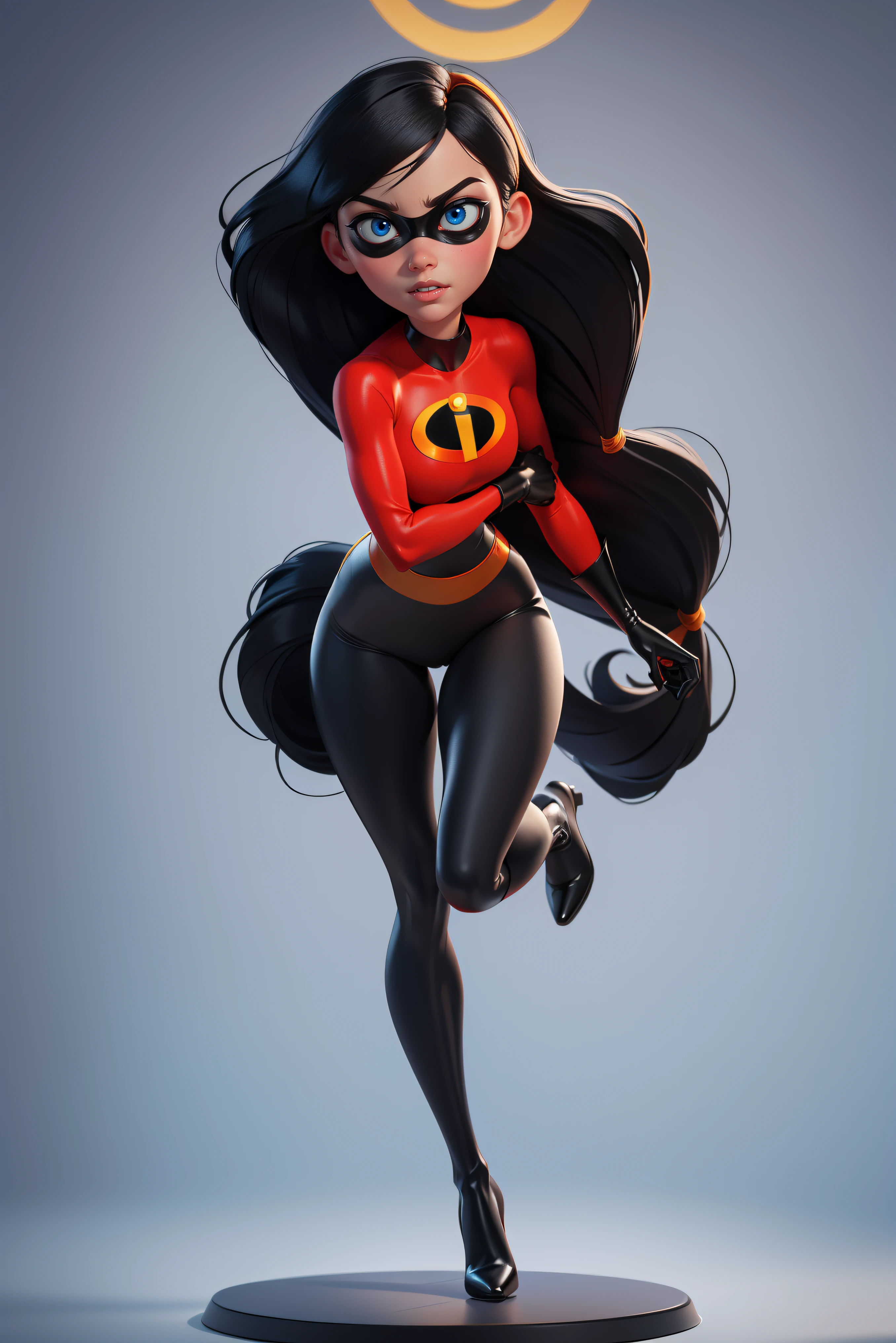 ripped skintight red clothes with the incredibles logo on, tall black shiny boots. black mask around eyes, long straight black hair, blue eyes, cleavage, sexy violet parr, masterpiece, high res, 32k (perfect anatomy:1.5), perfect legs, perfect arms, action scene, sexy pose, cute face, innocent face, breasts out