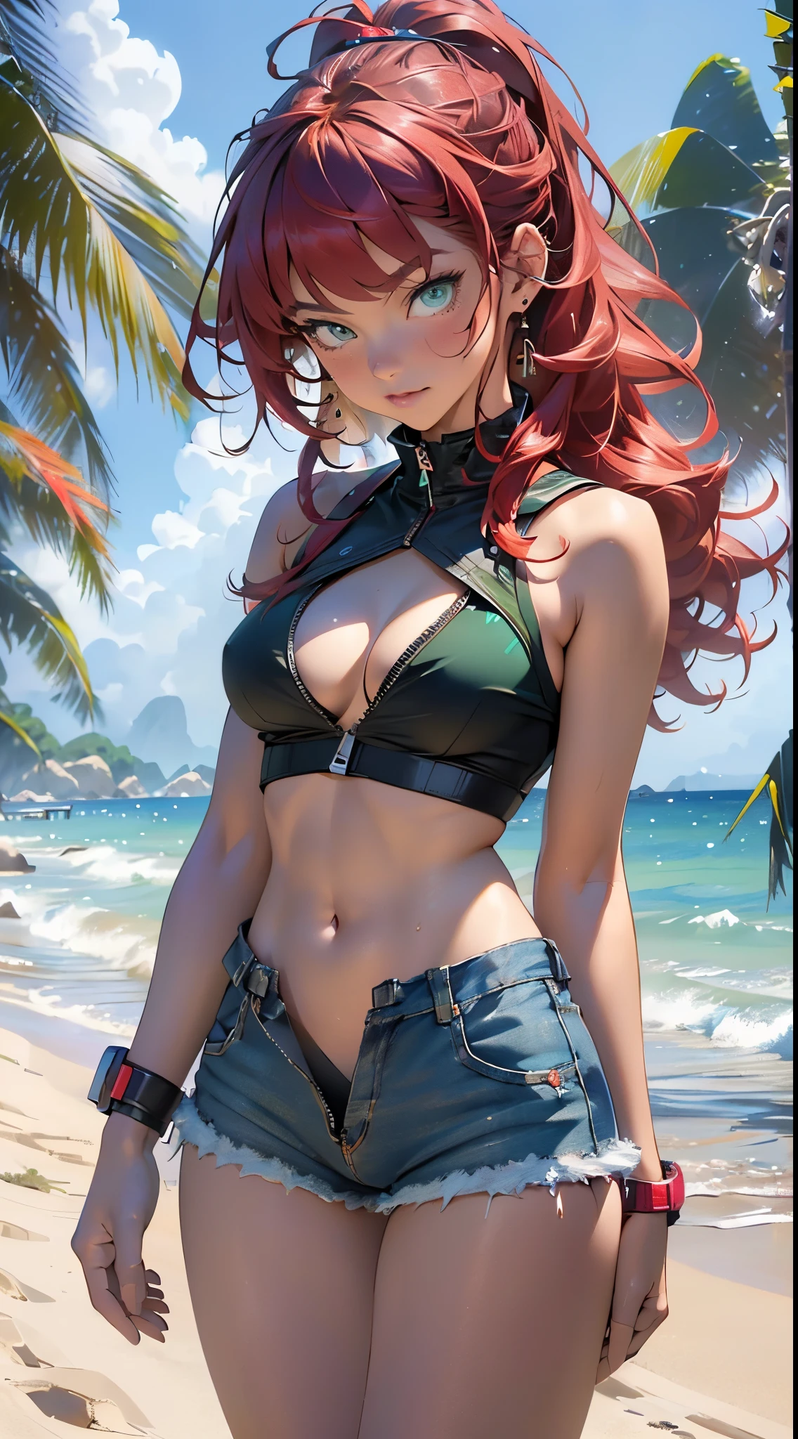 explorer girl,1girl,((extremely cute and beautiful red haired explorer girl)),(((18 years old))),(large breasts:1.4),((((red hair:1.35,absurdly long unkempt hair,ponytail red hair,bangs,colored inner hair,ear breathing)))),(((green_eyes:1.3))),intricate eyes,beautiful detailed eyes,symmetrical eyes,((((lustrous skin:1.5,tanned skin,bright skin:1.5,skin tanned,shiny skin,very shiny skin,shiny body)))),(spider lower abdomen,narrow waist,wide hip,athletic body,inflated legs,thick thighs,detailed body,(detailed face)),((heart pupils:1.4, heart,hearts,heart marks)),

cute,slutty,seductive,erotic,(nsfw),

((navel)), ((khaki bikini,bikini,shorts,bikini top,short shorts,denim shorts)),(((unzipped, open fly))),((wearing large and heavy backpack)),

(dynamic pose:1.0),embarrassed,(centered,scale to fit dimensions,Rule of thirds),

((Sky, Sea, clouds,)), with dark stormy clouds,((beach scenery,intricate scenery)),

(Glossy mexican ornaments),highres,sharp focus,(ultra detailed,extremely detailed),(photorealistic artwork:1.37),(extremely detailed CG unity 8k wallpaper),(((vibrant colors,vibrant theme))),(intricate),(masterpiece),(best quality),