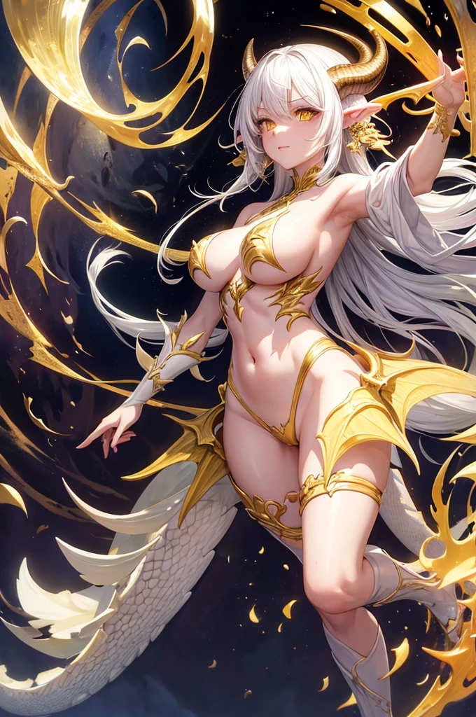 front of the camera, fullbody, dragon girl, white hair, yellow eyes, half-naked, scales, horns, adult, medium breasts, golden details