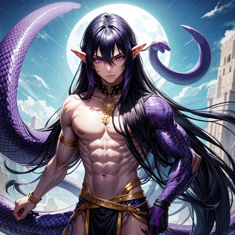 A naga, human torso, blue and purple snake tail, black long hair, purple eyes, male, boy, nsfw