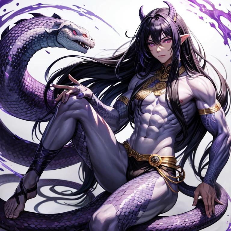 A naga, human torso, blue and purple snake tail, black long hair, purple eyes, male, boy, nsfw