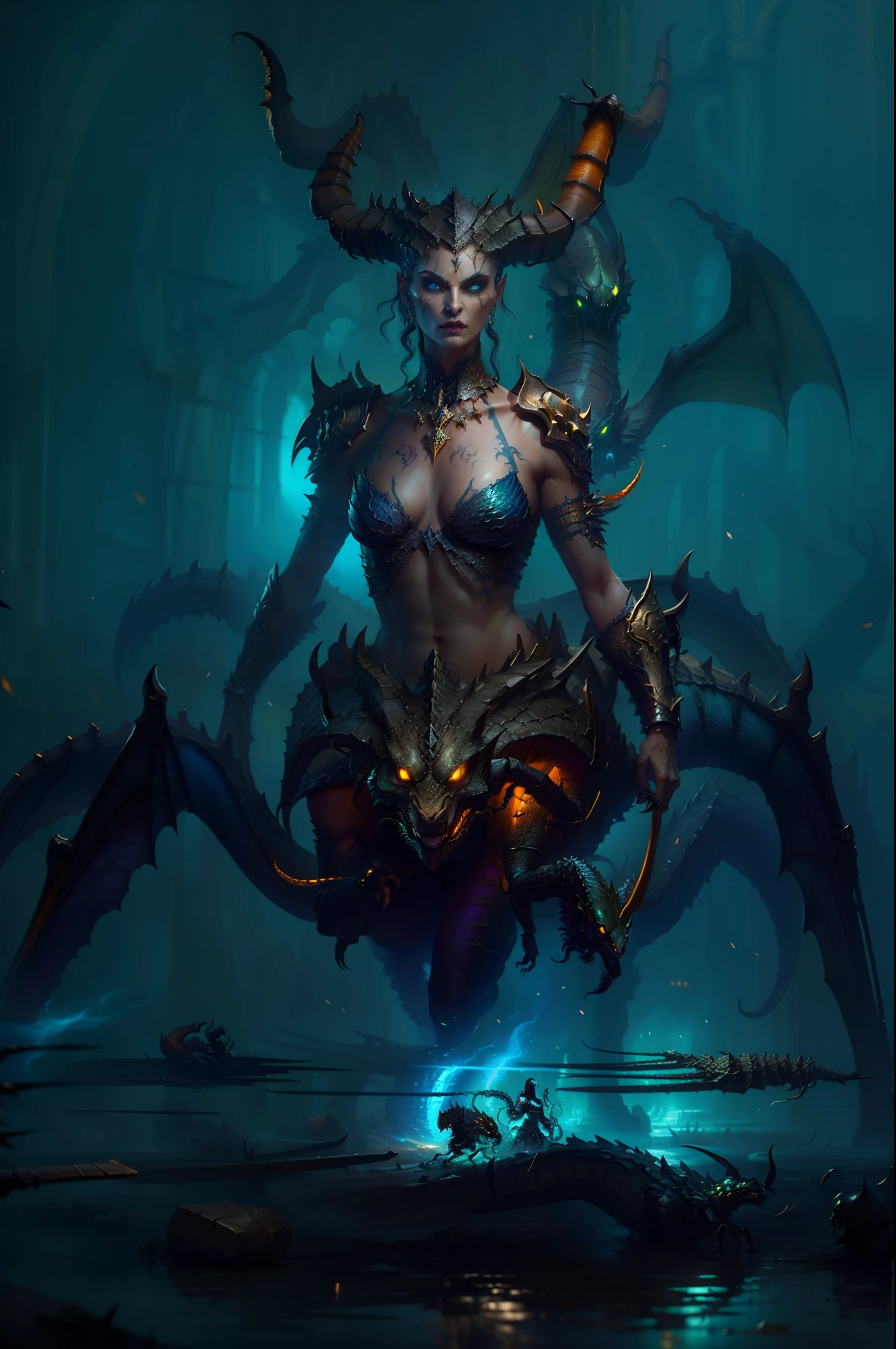 French and German woman carrying dragon on dark blue background, Diablo 4 Lilith, Diablo 4 Queen, epic fantasy digital art style, Art Station Contest Winners, fantasy art behance, cgsociety contest winner, 4K fantasy art, Epic and beautiful character art, symmetrical epic fantasy art, cgsociety contest winner!!, portrait of a scorpion goddess