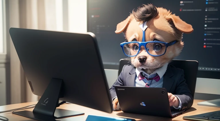 un petit chien porte des lunettes et gère son business avec un pc portable et un téléphone