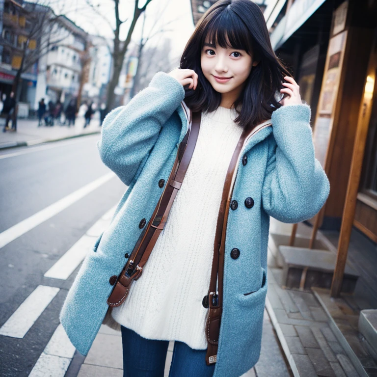 An ultra-high picture quality、Perfect Photo、Japanese beautiful girl、wear a duffel coat、