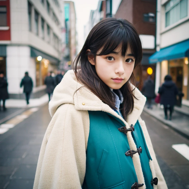 An ultra-high picture quality、Perfect Photo、Japanese 15 year old beautiful girl、wear a duffel coat、