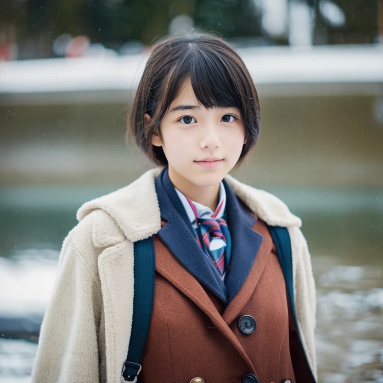 An ultra-high picture quality、Perfect Photo、Japanese 15 year old beautiful girl、wear a duffel coat、