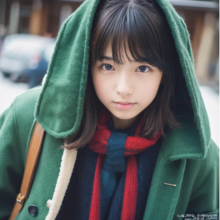 An ultra-high picture quality、Perfect Photo、Japanese 15 year old beautiful girl、wear a duffel coat、