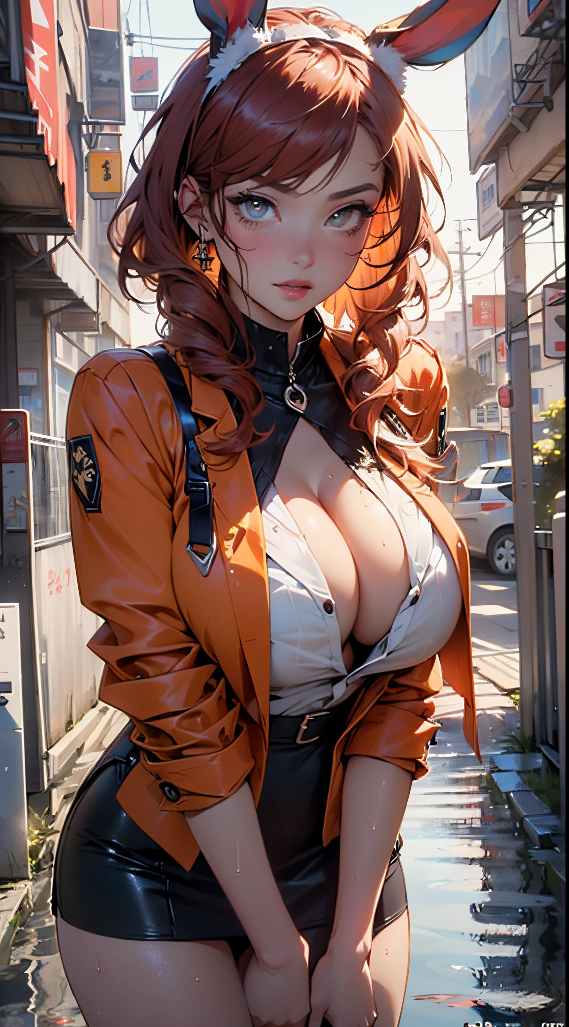 cute bunny girl,(((1girl))),((bunny girl with extremely cute and beautiful orange hair)),(((bunny girl,anthro furry cute,bunny-girl,bunny ears,bunny ears on head,big bunny ears))),
(large breasts:1.4),saggy breasts,(((red orange hair:1.35,colored inner hair,ear breathing,large hair))),((heterochromia:1.5, (red_eye and orange_eye))),intricate eyes,beautiful detailed eyes,symmetrical eyes,big eyes:1.3,((fat)),(((lustrous skin:1.5,bright skin: 1.5,skin tanned,shiny skin,very shiny skin,shiny body,plastic glitter skin,exaggerated shiny skin,illuminated skin,wet legs))),(spider lower abdomen,narrow waist,wide hip,athletic body,inflated legs, thick thighs,detailed body,(detailed face)),
cute,slutty,seductive,erotic,(((nsfw))),
(((wearing dark red formal blazer,short skirt,))),(((huge cleavage))),((wet clothes,intricate outfit,intricate clothes)),
(dynamic pose:1.0),solo focus,embarrassed,(centered,scale to fit dimensions,Rule of thirds),
cyberpunk city by the ocean at night, with bright neon signs and dark stormy clouds and puddles, scenery:1.25,nighttime, starry night, cosmos,Very dark night that makes the neon lights stand out, very bright neon lights,nighttime, starry night, cosmos,
artistic photography,(photography taken by sldr),highres, sharp focus,(ultra detailed, extremely detailed), (photorealistic artwork:1.37),(extremely detailed CG unity 8k wallpaper),((synthwave background theme)),(((vibrant colors))),intricate,(intricate background),(masterpiece),(best quality),perfect rendered face,perfect face details,realistic face,photo realistic,analog style,((intricate detail)),(((realism))),