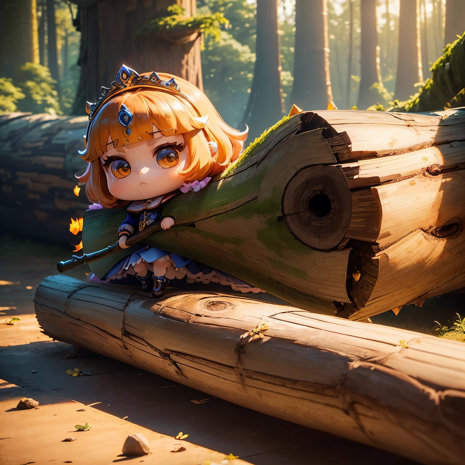 masterpiece、top-quality、ultra-detailliert、(Chibi Chara Princess:1.2)、(holding a huge log:1.5)、floral cut and sew、Luxurious tiara、(holding a huge long log:1.5)、In front of the fairy tale castle