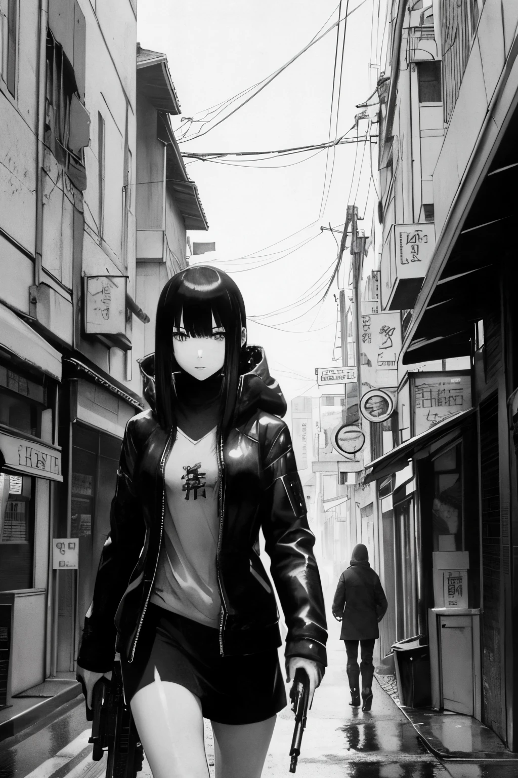 ((best quality)), ((masterpiece)), (detailed), perfect face, black and white, monochrome, lineart, film grain, anime girl with a gun in her hand walking down a street, cyberpunk anime girl, tsutomu nihei art, neuromancer