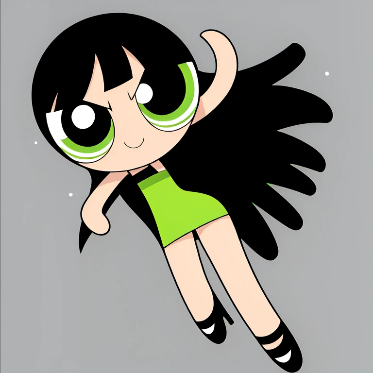 full body, 1 girl, Solo, teenager, long body, Buttercup, Black Hair, Long Hair, Green Eyes, Black Chocker, Little Black Dress, Black Pencil Skirt, Lovely Legs, Black High Heels, Smiling, Hand on a Hip, Simple Background, best quality, high definition.