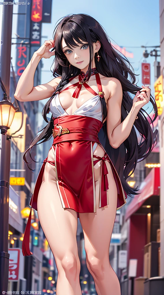 ​masterpiece, highest quality、matsuri、japanese style a beauty、26 year old、Attractive,  small waist, big 、small breasts、ack Hair、Braided hair、embarrassed、Soft expression、high leg、High exposure、supple body、Outstanding proportions、necklaces、accessories,、full body、solo one woman、(extremely detailed face, beautiful eyes)、(big Eyes)、red lipstick、red face、White Skin Skin