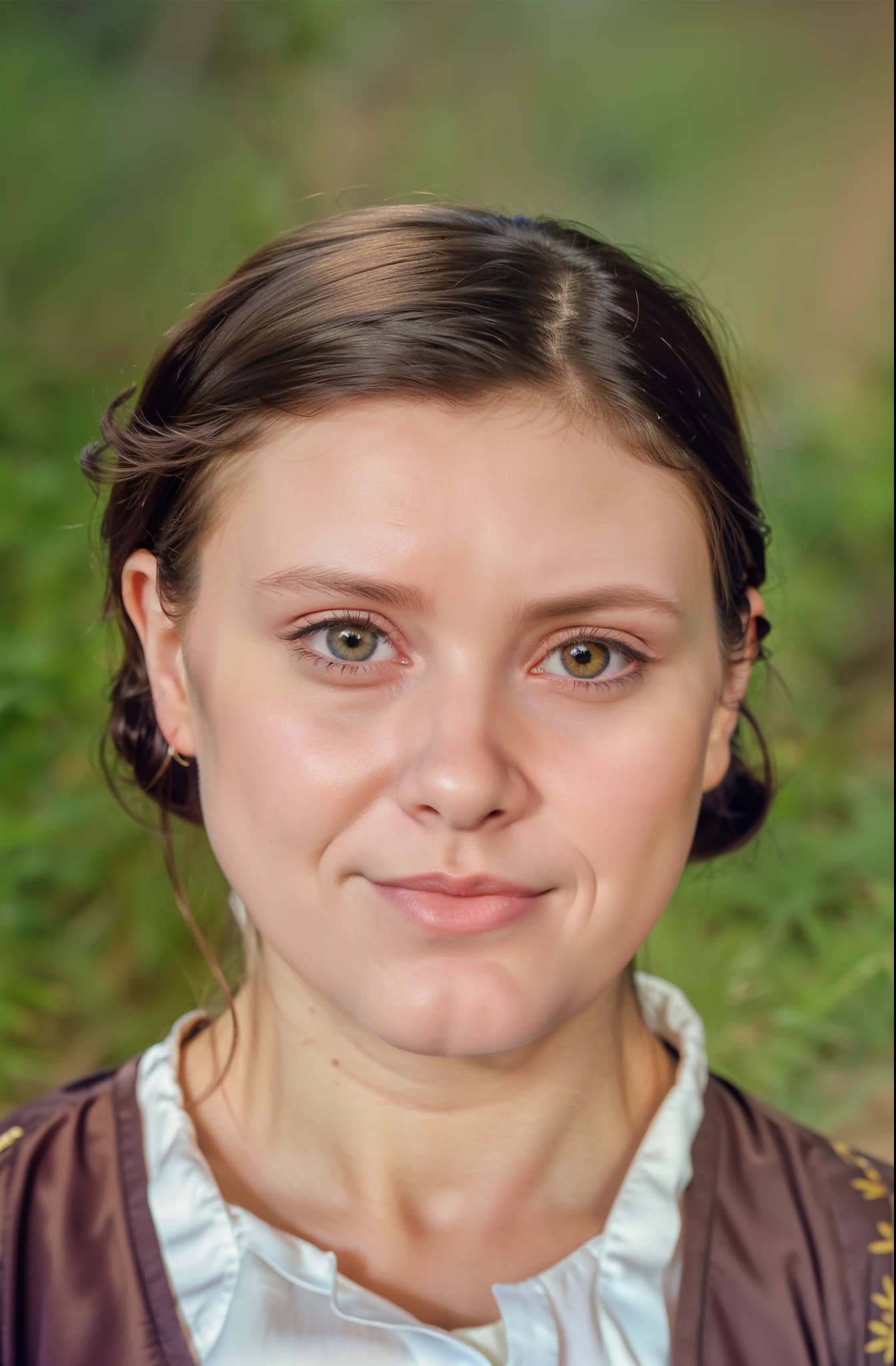tem uma mulher com colete marrom e camisa branca, rosto restaurado realista, rosto realisticamente renderizado, Biological human face, rosto humano real, Retrato do humanoide feminino, retrato humanoide, rosto humano realista, rosto feminino jovem, perfect human female specimen, full - rosto close - retrato para cima, rosto humano real com pele, retrato de rosto completo, photorealistic facial features