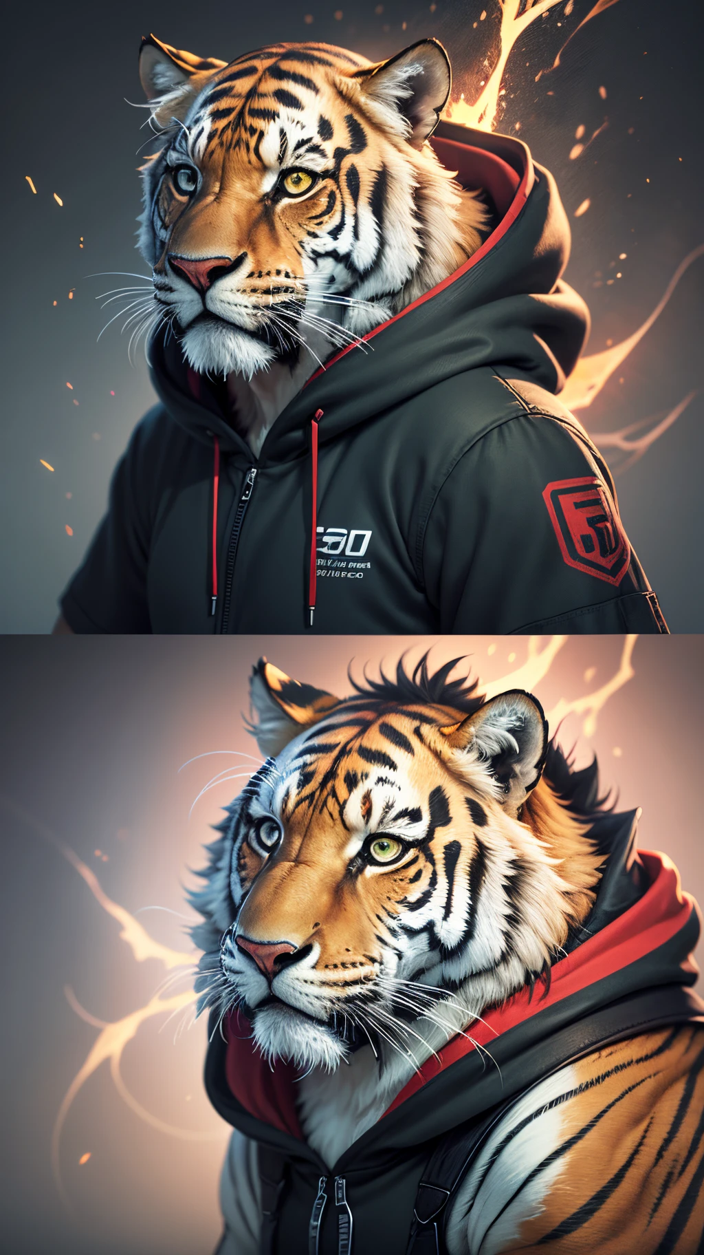 Create a realistic artwork of an (one) powerful Super Coder of a mix lion and tiger, a 3D vector of a muscular mix Lion and tiger in a hoodie, surrounded by code and a glowing red aura. The artwork should be highly detailed, realistic. The lighting should be soft and natural, with a focus on perfect composition and beautiful details. The artwork should be trending on ArtStation and feature a photorealistic concept art style --auto --s2