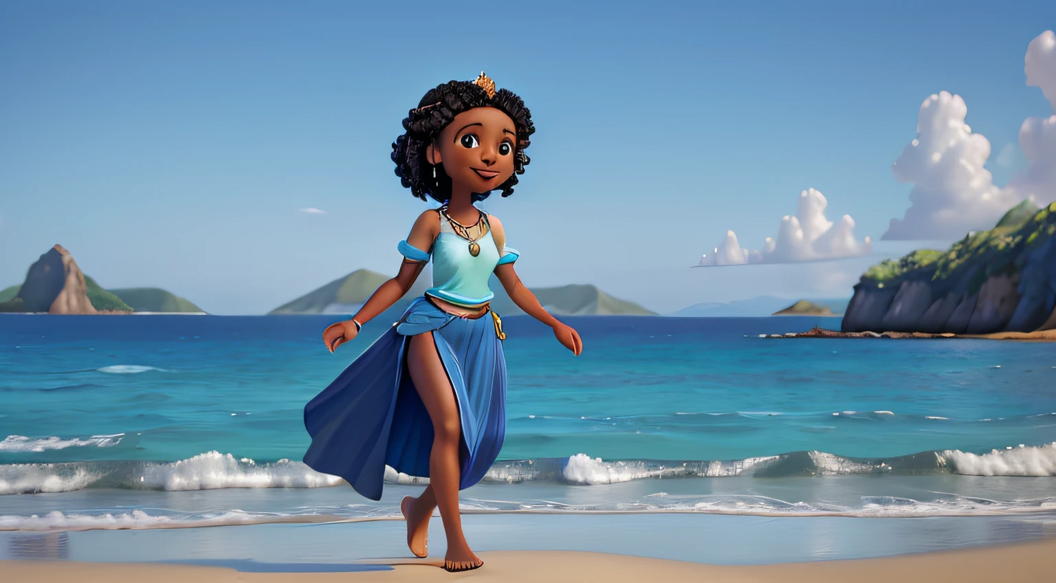 uma mulher negra na casa dos 30 anos, com uma saia longa azul e um top azul e uma coroa, barefoot, wearing a pearl necklace, with open arms holding a silver mirror, de frente para o mar