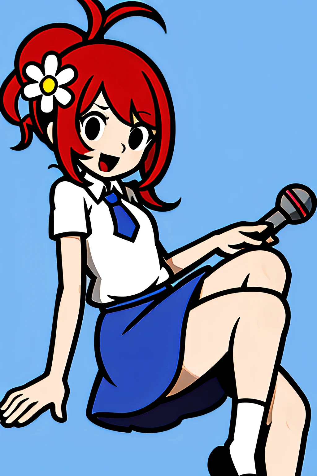 1girl in, White shirt, Blue skirt, Black socks, Black shoes, Red hair, Long hair, holding microphone, Dancing, Hair Flower, Short sleeves,(lola:Rhythm Heaven V1.1:0.7)