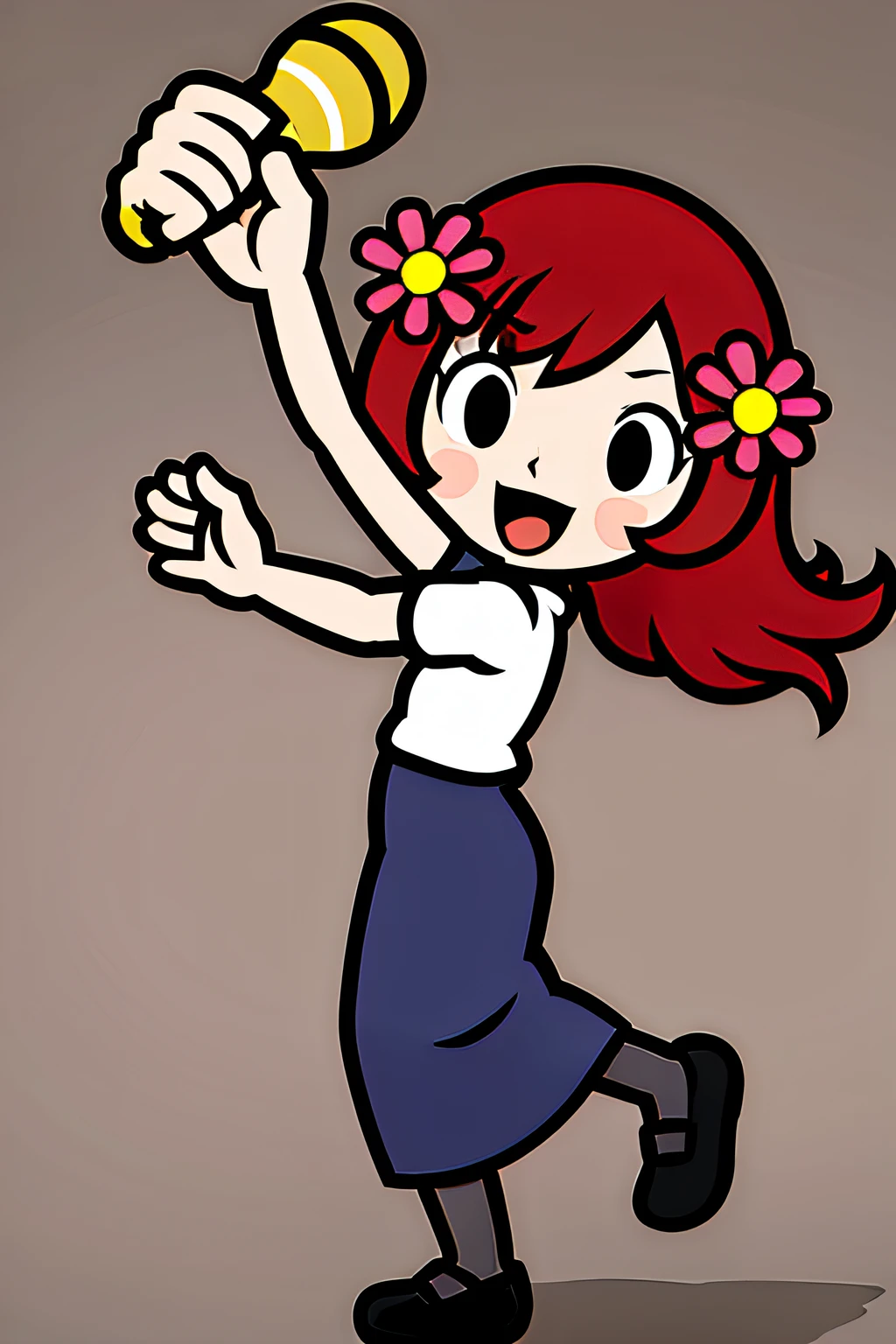 1girl in, White shirt, Blue skirt, Black socks, Black shoes, Red hair, Long hair, holding microphone, Dancing, Hair Flower, Short sleeves,(lola:Rhythm Heaven V1.1:0.7)