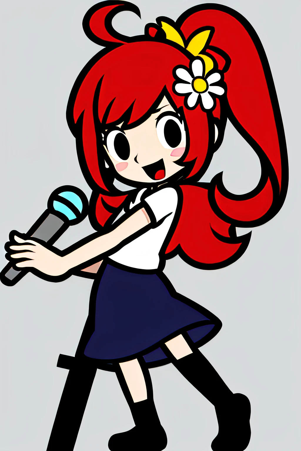 1girl in, White shirt, Blue skirt, Black socks, Black shoes, Red hair, Long hair, holding microphone, Dancing, Hair Flower, Short sleeves,(lola:Rhythm Heaven V1.1:0.7)
