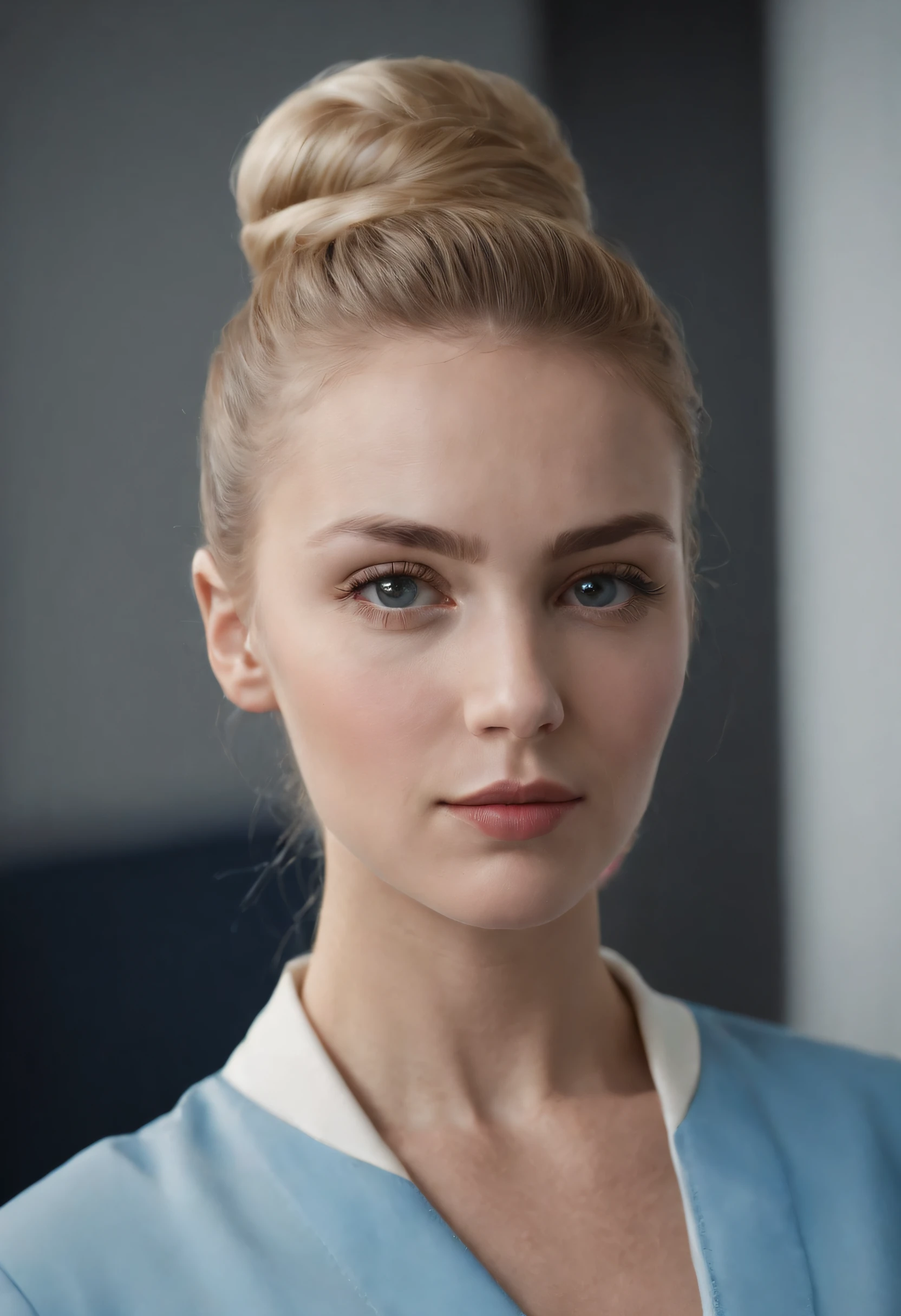 Stewardess, plane interior, blonde hair, hair neat high bun, blue uniform, photorealistic, photo, masterpiece, realistic, realism, photorealism, high contrast, photorealistic trend digital art in Artstation 8k HD high definition detailed realistic, detailed, skin texture, hyper detailed, realistic skin texture, best quality, ultra high resolution, (photorealistic: 1.4), high resolution, detailed, raw photo, sharp re, by lee jeffries Nikon D850 film stock photography 4 kodak camera portra 400 lens f1.6 rich colors hyper realistic texture dramatic lighting irrealengine trending on artstation cinestill 800