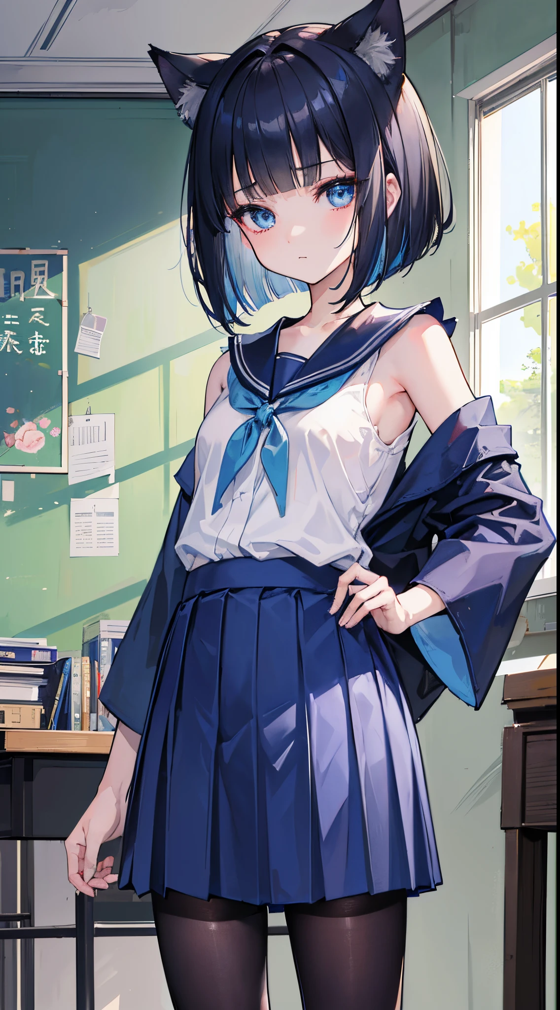 (8K、Top image quality、top-quality、masterpiece)、A detailed face、1 loli、A dark-haired、bob cut、blunt bangs、cat ear、light blue eyes、deadpan、Smaller chest、serafuku、Blue kimono、Mini pleated skirt in dark blue、black pantyhose、cowboy shot、Classroom Background