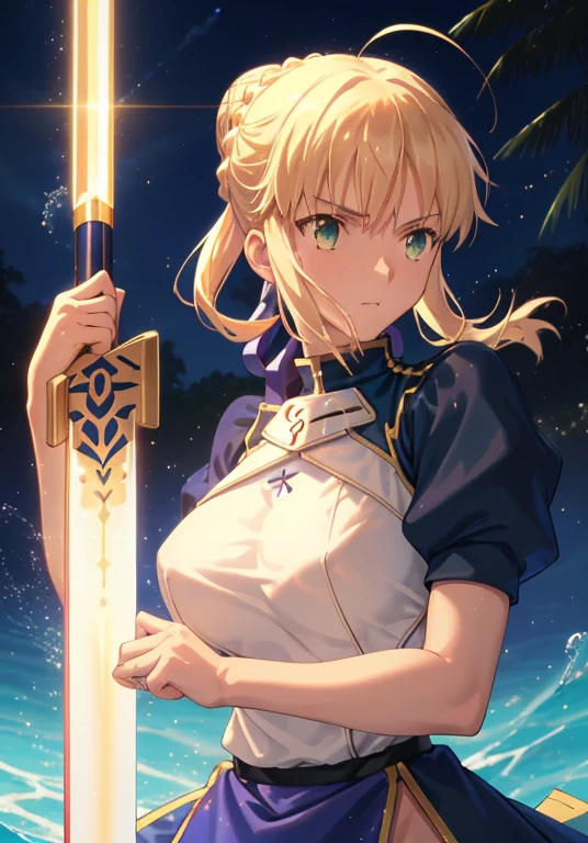 Best Quality, masutepiece,Saber, Faltria, 1girl in, Solo,, arma, Sword, glowing sword, glowing weapons, french braids, swim wears, blazing , Holding, huge tit, Hair bun, Upper body