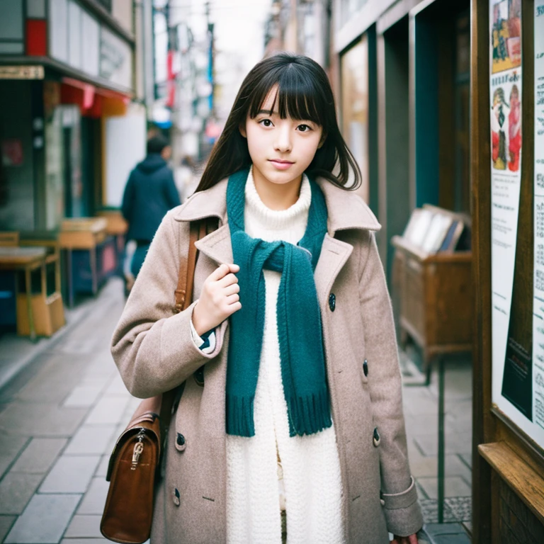 An ultra-high picture quality、Perfect Photo、Japanese 15 year old beautiful girl、wear a duffel coat、