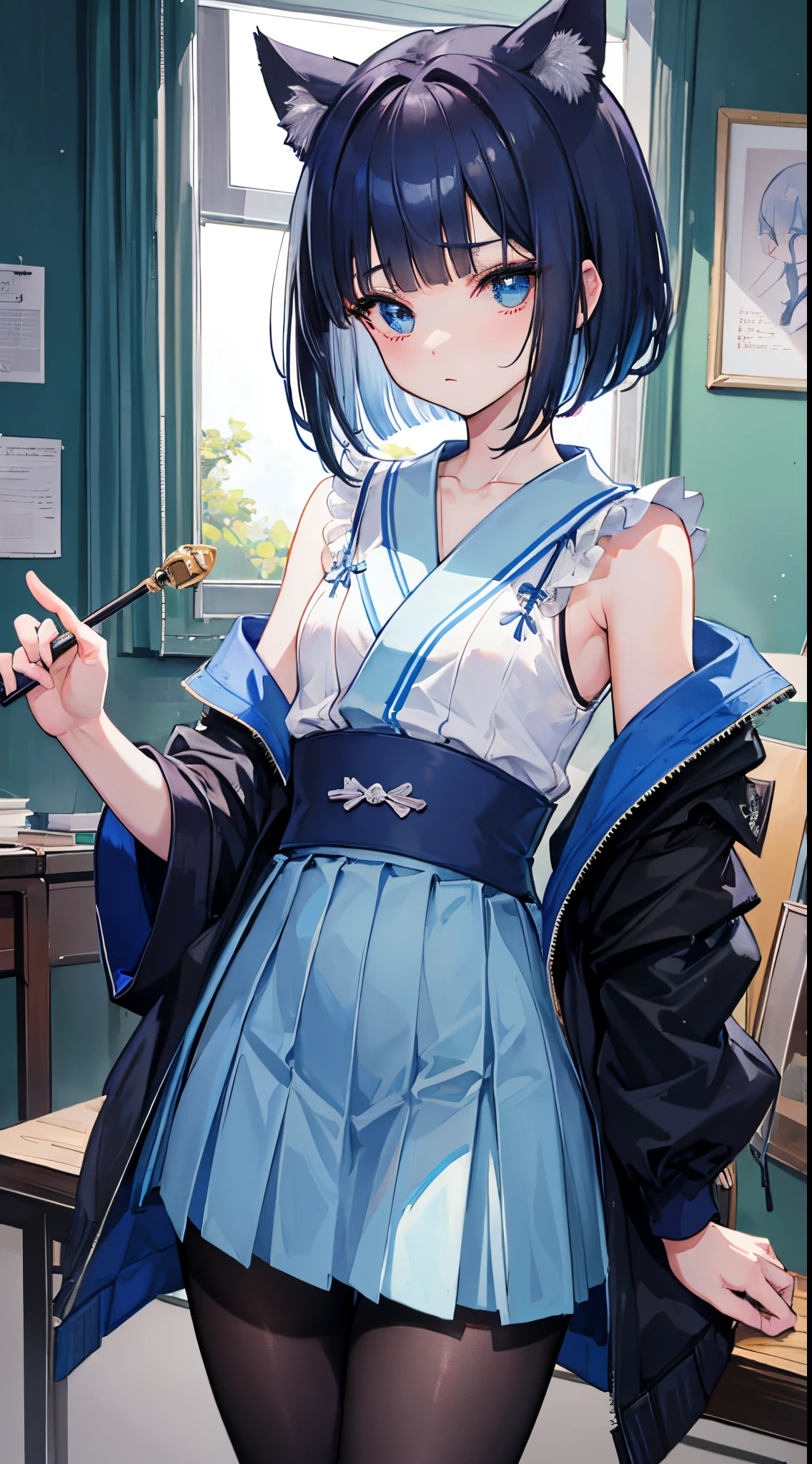 (8K、Top image quality、top-quality、​masterpiece)、A detailed face、1 、A dark-haired、bob cut、blunt bangs、cat ear、light blue  eyes、deadpan、Smaller chest、serafuku、sleeveless、(blue kimono style jacket)、Mini pleated skirt in dark blue、black pantyhose、cowboy  shot、Classroom Background