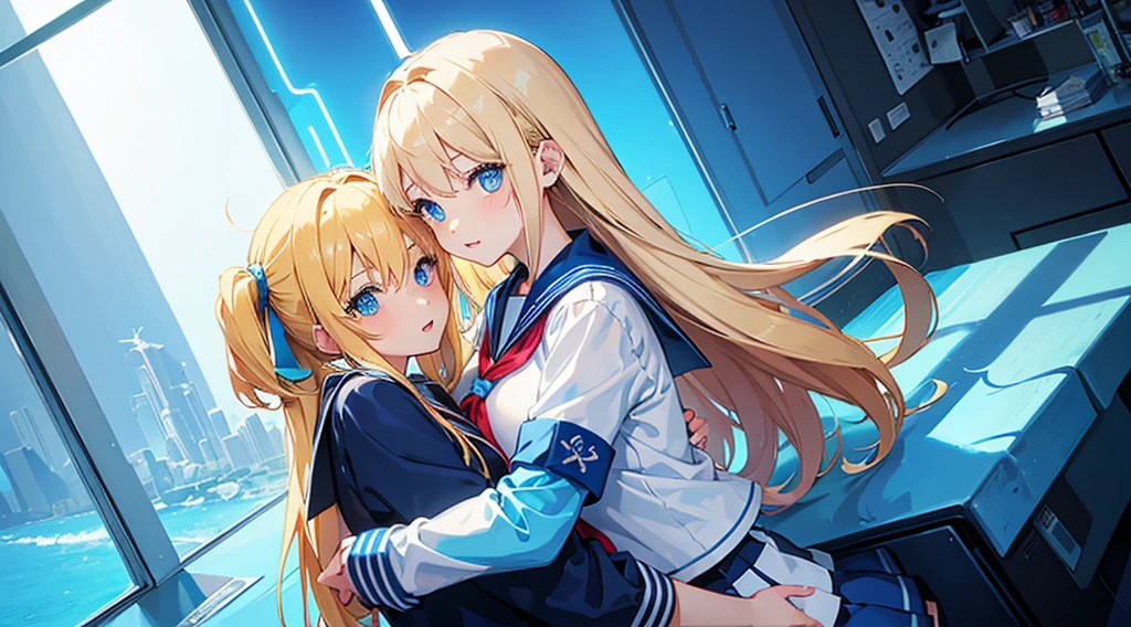 (2 girls, blonde hair, blue eyes, sailor suit, hug), (blue cyberpunk room, blue neon)