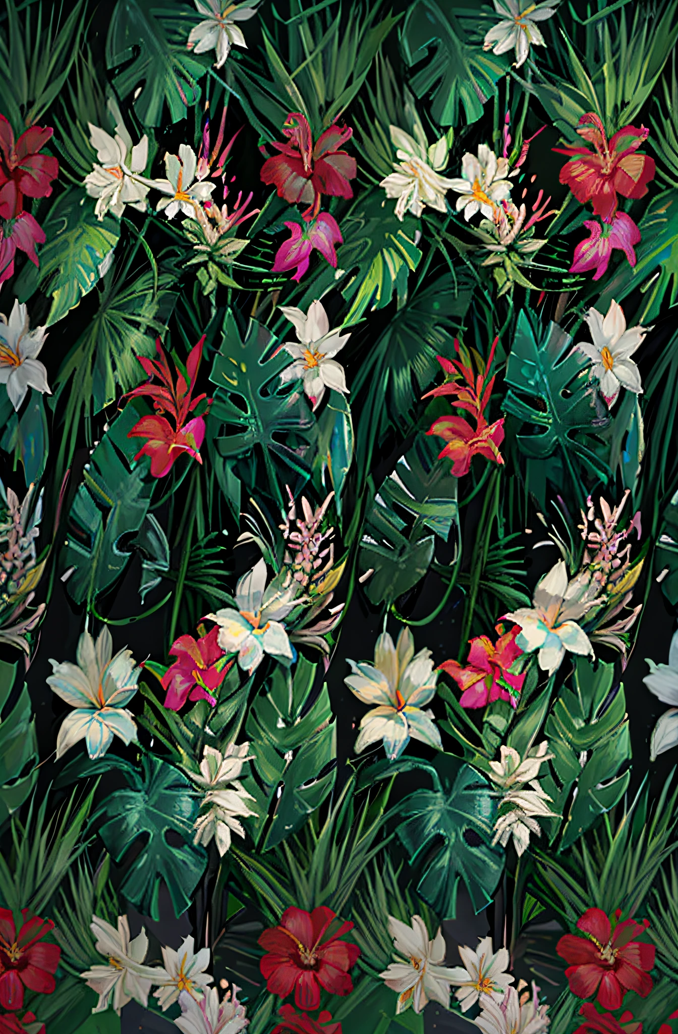 Close-up of a bouquet of flowers and leaves on a black background, tropical flowers, Dark flower pattern wallpaper, blooming tropical flowers, tropical flower plants, large jungle flowers, tropical plants and flowers, beautiful tropical flowers, elegant tropical prints, tropical background, Lush garden leaves and flowers, tropical foliage, lush plant flowers, Tropical plants, tropical foliage, There are plants everywhere