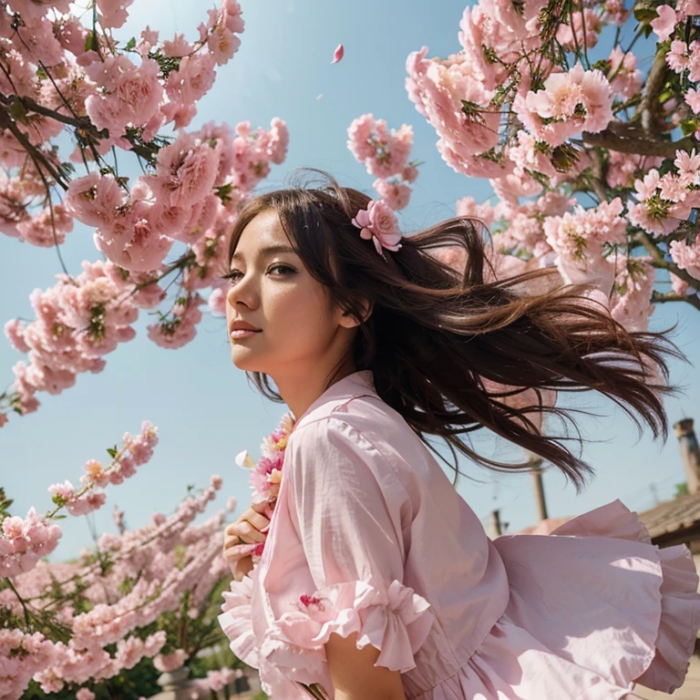 Woman anime beautiful wind flowrs in the air pink petals