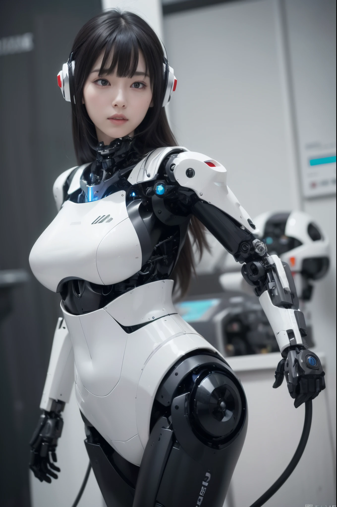(photorealistic:1.4), (RAW photo)masutepiece, Best Quality, Extremely detailed, (Photorealistic:1.4), (8K, 4K, Best Quality, hight resolution, 超A high resolution:1.1), 8K portrait,1woman in, Japaese android woman,Plump , announcer,control panels,android,Droid,Mechanical Hand, ,Robot arms and legs, Black hair,Mechanical body,Blunt bangs,White Robotics Parts,perfect robot woman,Charging spot,Long Tube,A thick cable was connected to her neck,ceramic body ,Mechanical body, mechanical ear covers,android,robot humanoid,a bit chubby,panty,full eyes,She is exhibits,perfect mechanical body,white robotics body,future laboratory,mechanical ear cover,
