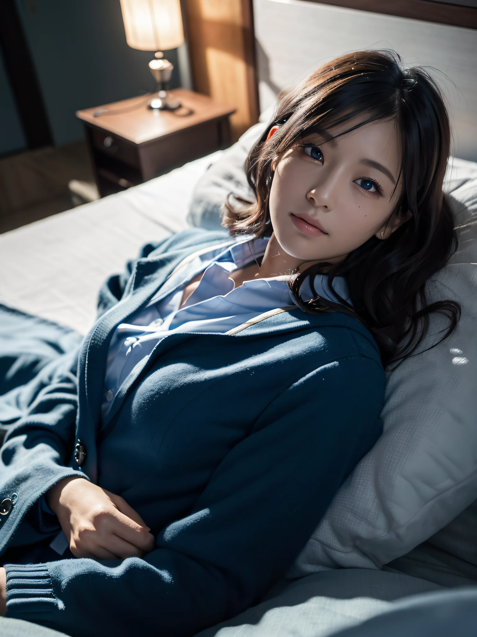 (in 8K、Raw photography, top-quality, hight resolution:1.2)、(realisitic、photoRealstic:1.5)、1 Lady、((30 years old))、Japanese, Solo, Beautiful woman lying in bed sleeping, ((Back)), ((Camera)), ((School Uniforms)), ((fewer moles)), ((Short hair)), ((Wavy Hair)), Detailed body, Cute and very detailed eyes, ((room at night)), ((Dark light)), dark ilumination, (blue hue), (Cool lighting)