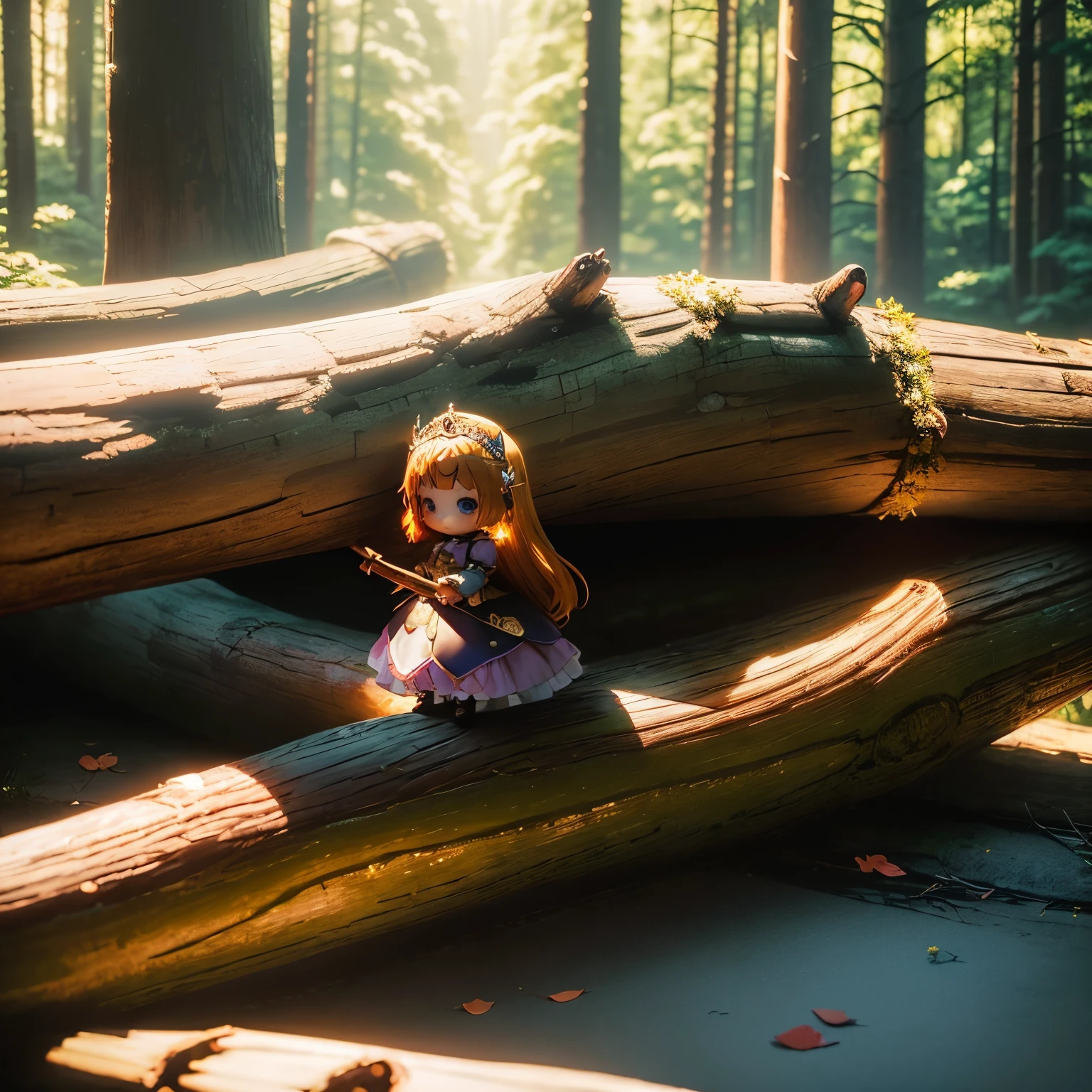 masterpiece、top-quality、ultra-detailliert、(Chibi Chara Princess:1.2)、Glitter eyes、(holding a huge log:1.5)、floral cut and sew、Luxurious tiara、(holding a huge long log:1.5)、In front of the fairy tale castle