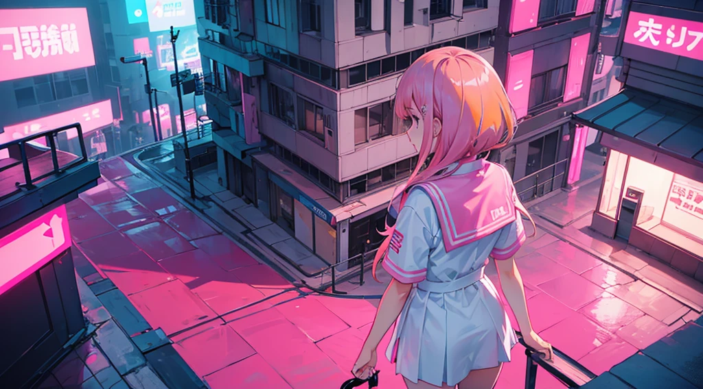 (back view of girl, pink hair, sailor suit, holding hands) , (pink cyberpunk building rooftop, pink neon)
