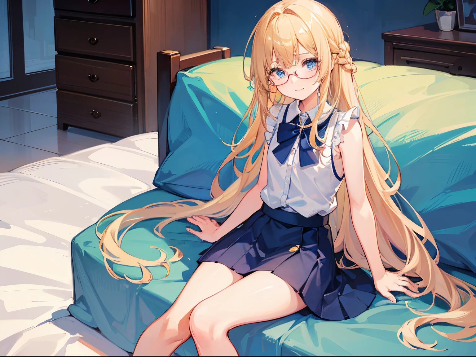 Blonde Girl, 7 years old,small body;, Blue Eyes, long-haired,Braid left and right, Wear glasses, Wear a blue sleeveless shirt......button up.  White short skirt, sitting on the bed,......, Show off your legs..........With a slightly smiling face..........