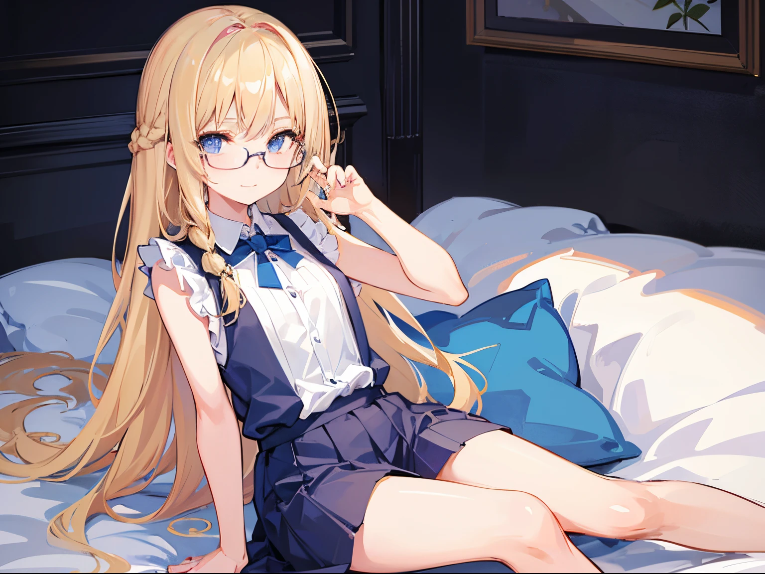 Blonde Girl, 7 years old,small body;, Blue Eyes, long-haired,Braid left and right, Wear glasses, Wear a blue sleeveless shirt......button up. White short skirt, sitting on the bed,......, Show off your legs..........With a slightly smiling face..........