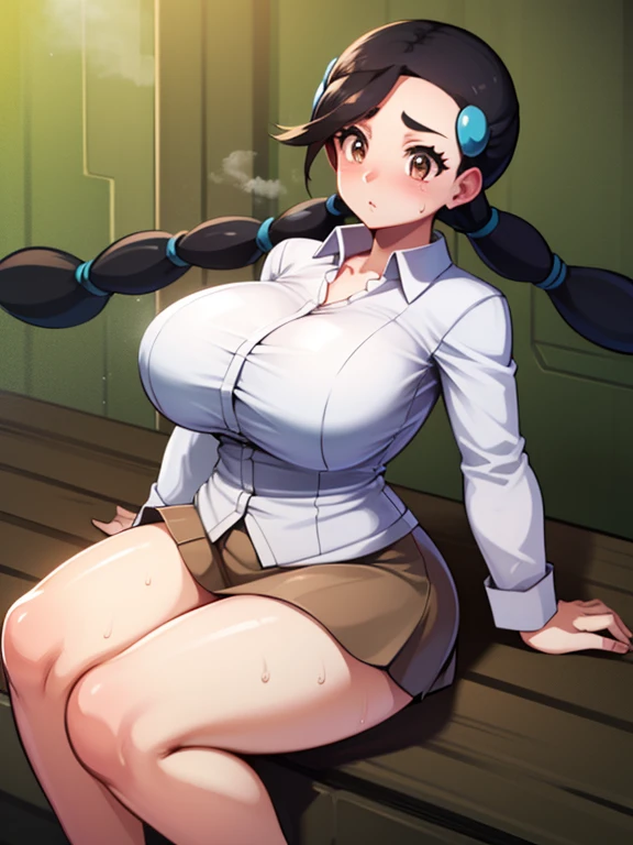 (Masterpiece, low quality), 1girl, solo, candice, twintails, sweat, steam, (skirt, dress shirt:1.3), (huge breasts, curvy, thick thighs), black hair,