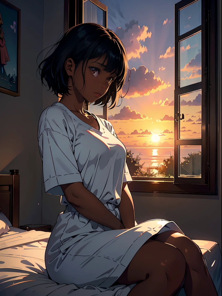 sunset, depth of fields、high resolution details, ultra-detailed、filming、surrealism、Soft volumetric light、(1 black girl with dark skin and realistic brown eyes ) 、Ray tracing、diffused (glass reflection)、surrealism,(sitting on a bed looking sideways out window:1.1)、Sun in the west coming through the glass of the window、House scenery、profile, frowning