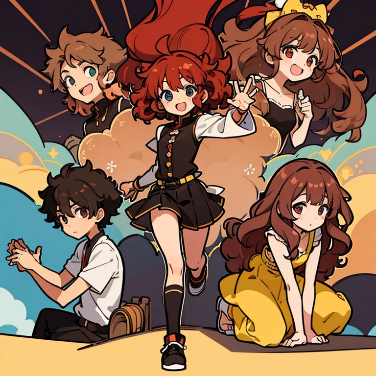 A friend group of five, black boy with short curly hair and brown eyes, a curly red haired girl with hazel eyes, a long curly brown haired girl, a wavy red head and hazel eyes girl , and a short fluffy brown haired blue eyes girl