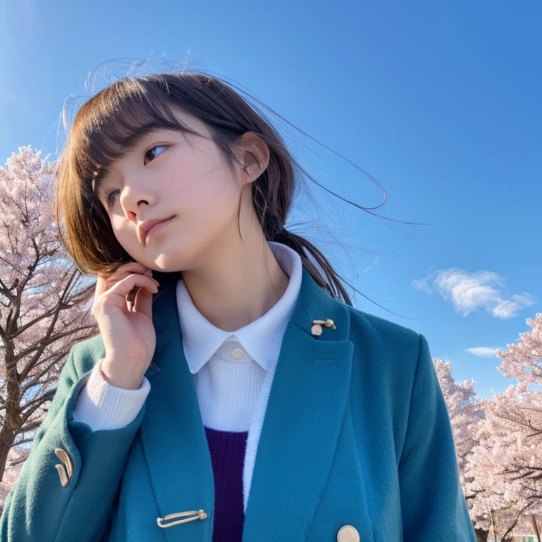 An ultra-high picture quality、Perfect Photo、16-year-old beautiful girl in Japan、wear a duffel coat、Looking up at the sky、