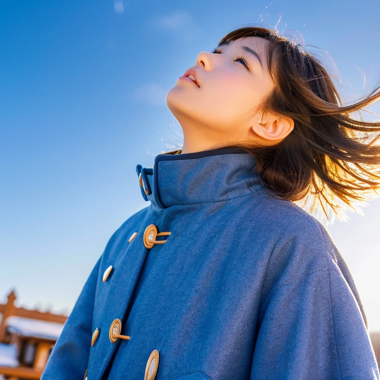 An ultra-high picture quality、Perfect Photo、16-year-old beautiful girl in Japan、wear a duffel coat、Looking up at the sky、