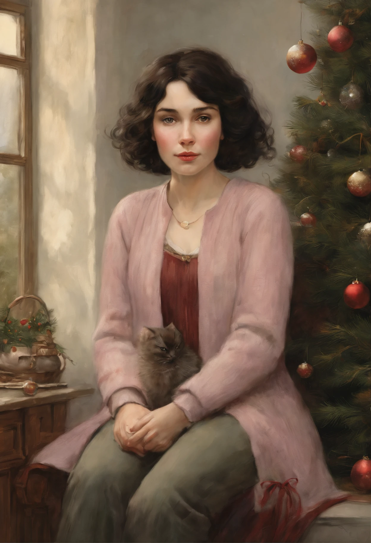 真实感, fairytale, Christmas style, Fantasy fairy tale, John Tolkien style, Small painting by Jean-Baptiste Monge, portrait of a woman with short hair, Soft facial features, woman with short dark hair, dressed in a jacket and trousers, With light makeup, dark pink lips, lip shape"pearlescent" ,"curved eyebrows in the shape of Engriberts, light gray eyes, heavy-lidded eyes, bob shaped hair, short black hair to shoulder length, crossing legs, in a big soft chair.,Wears trousers, likes it in a sweater, A slight smile on his face, Hands on the armrests , Human Hand, Very clear, Without flaws, five fingers, in the foreground is a fireplace with fire, Christmas tree in the background, Jean-Baptiste Monge, anthropomorphic --ar 2:3 --testp -optimistic;